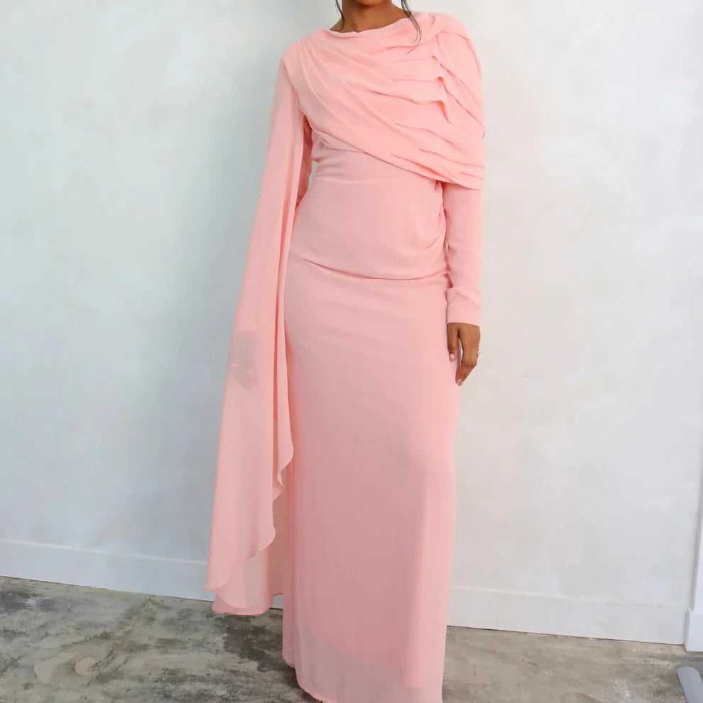 Weitese Formal Wear Dresses Pink Chiffon Pleated Long Sleeves Modest Evening Dress Stores With Prom Dresses Formal Women's Dresses